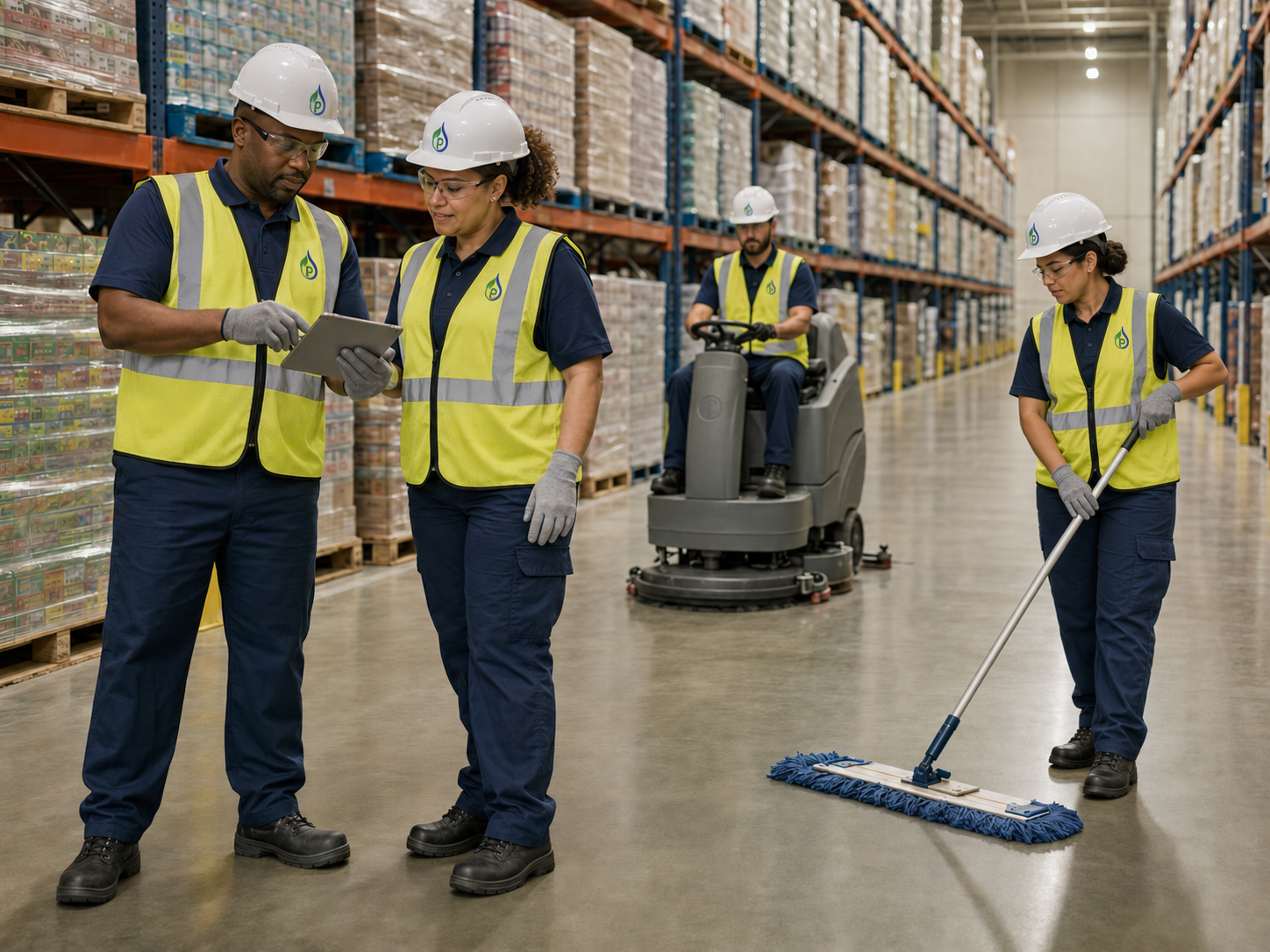 Premier IFS crew in branded PPE working in a warehouse aisle &mdash; two technicians reviewing a tablet, one operating a ride-on floor scrubber, and one dust-mopping the floor.